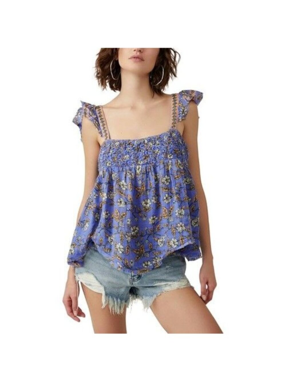 Free People Womens Size M Nala Top Babydoll Blue Floral Cotton Smocked NEW - Picture 8 of 10